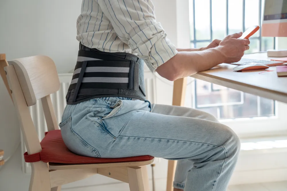 Person wearing an abdominal support binder during recovery after hernia repair surgery